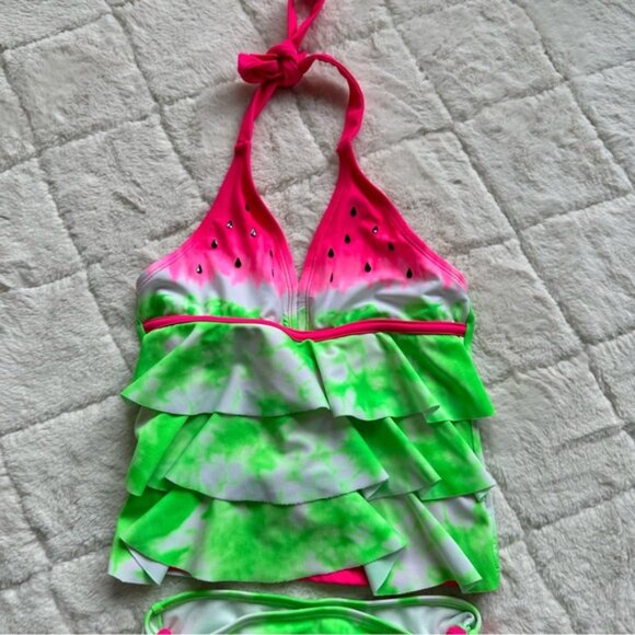 Justice | Pink and Green "Watermelon" Tankini Swim Set | Size 6 - Picture 3 of 7
